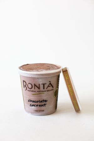 Pint of vegan Chocolate Coconut, made from organic coconut milk from Thailand. at Bonta Natural Artisan Gelato in Bend