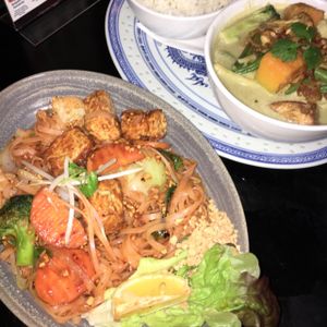 Vegan pad thai and green curry. at King Tiger in Franz Josef