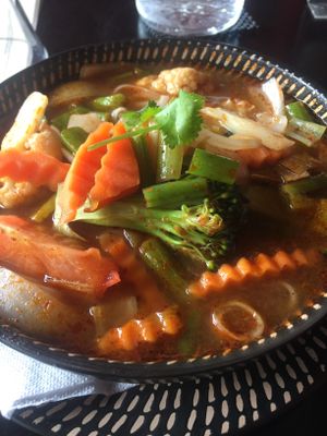 Tom yum soup with noodles  at King Tiger in Franz Josef