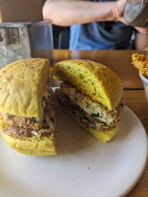 Tofu burger on turmeric bun at Slow Cuts in Arrowtown