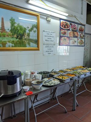 Buffet table, with another large rice cooker to the left that couldn't fit into the picture at Dieu Tam in Hanoi