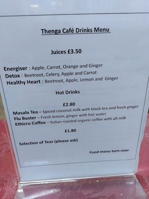 Drinks menu (Dec 2021) at Thenga Cafe in London