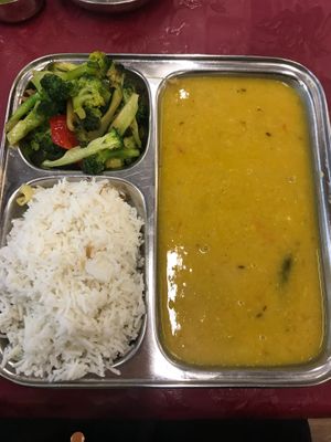 Daily lunch - rice, dhal and stir fry broccoli  at Thenga Cafe in London