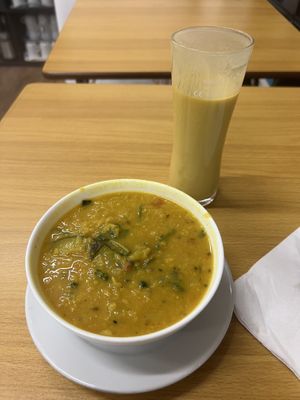 Mango lassi (vegan at last!) and a soothing thali dhal soup  at Thenga Cafe in London