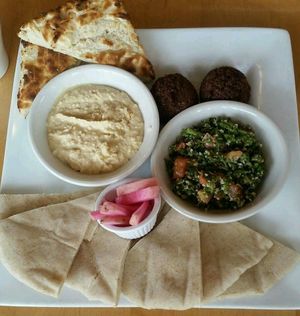 Falafel, taboule, hummus and pickled turnip with gluten free bread and pita at Marie Catrib's in Grand Rapids