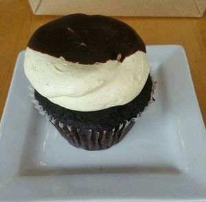 Vegan and gluten free chocolate-vanilla cupcake  at Marie Catrib's in Grand Rapids