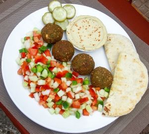 Falafel salad 
Big salad with falafels, hummus and pita  at Falafel Sihanoukville in Sihanoukville