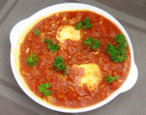 Shakshuka
Israeli breakfast.
Tomatos, garlic, parsley and eggs.
Served with hot Pita bread at Falafel Sihanoukville in Sihanoukville