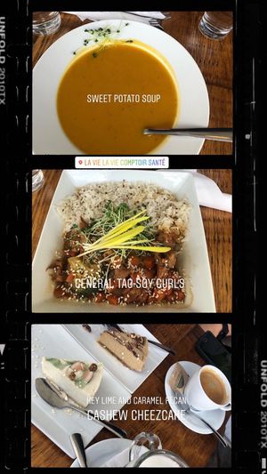 Sweet potato soup special, General Tao Bowl and Key Lime and Pecan Caramel raw cheesecake  at La Vie La Vie Comptoir Sante in Saint-hyacinthe