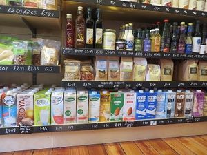 Some of the stock at Haworth Wholefoods - lots of plant milks at Haworth Wholefoods in Haworth