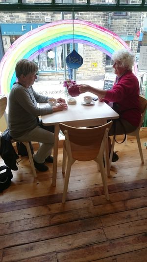 Our little cafe table where you can enjoy our pasties, sandwiches, soups, cake - all vegan. at Haworth Wholefoods in Haworth