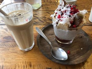 Chia pudding and vegan latte at Zest in Palolem