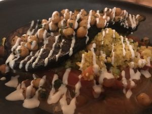 Baked Aubergine with Cous Cous, tahina, chickpeas and tomato salsa at Zwei und Zwanzig in Geisenheim