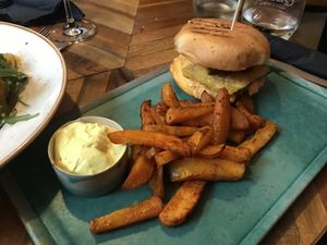 Tempeh burger and potato wedges  at Zwei und Zwanzig in Geisenheim