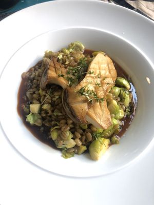 Gebratener Kräutersaitling auf Grünkern und Rosenkohl at Zwei und Zwanzig in Geisenheim