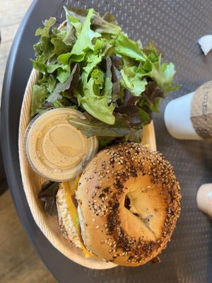 Just Egg Bagel Sandwich, Side Salad and a Great Cuppa  at Firefly Cafe and Outpost in Boyertown