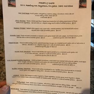menu at Firefly Cafe and Outpost in Boyertown