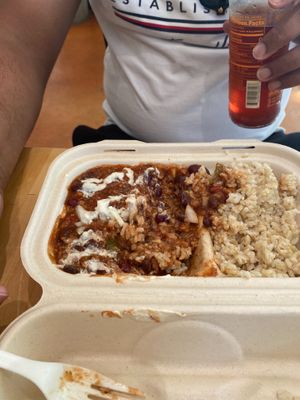 Red bean chili with vegan sour cream and brown rice  at Umeke Market in Honolulu
