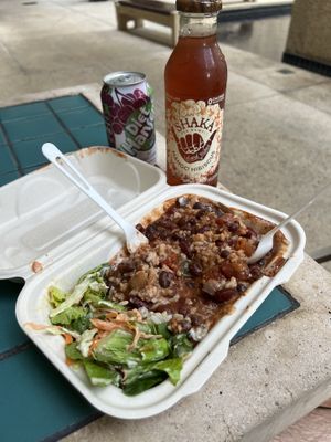 Pono chili with a half side salad and half rice  at Umeke Market in Honolulu