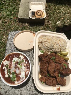 Chili, brown rice, mock chicken, cinnamon bun    at Umeke Market in Honolulu