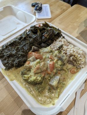 Taro stew, collards and curry - all so good! at Umeke Market in Honolulu