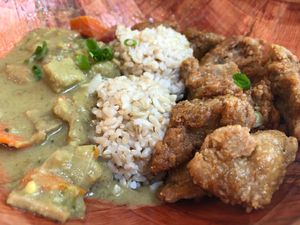 Kalo curry, brown rice, and Korean mock chikken   at Umeke Market in Honolulu