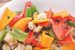 Stir fry soy protein with bell chilli at Brown Rice Healthy Canteen in Koh Samui