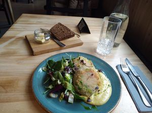Raw buckwheat and green pea cutlets, fresh salad and mustard dressing. Bread was an extra. at Aparaat in Tartu