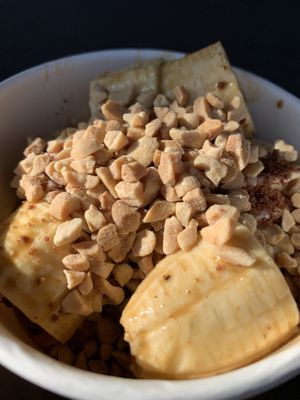 Peanut butter flavour with caramel bananas, chocolate soul, crushed peanuts at goje in Yarraville