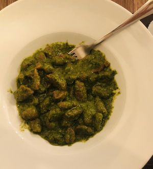 Vegan beetroot gnocchi with pesto sauce at San Andrea  in Gran Canaria