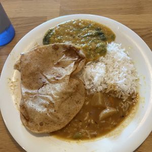 poori, spinach dal, white rice, and sambal  at Annapurna Indian Cuisine in San Diego
