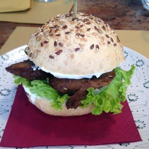Vegan Burger was delicious. Seasoned seitan meat, really good mayo, zucchini and lettuce. Nice bun too! All organic. at Dulcamara Bio Vegan Bistrot in Verona