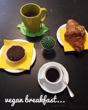 Vegan breakfast with brioches.. muffin.. coffe..and hot tea.. at Dulcamara Bio Vegan Bistrot in Verona