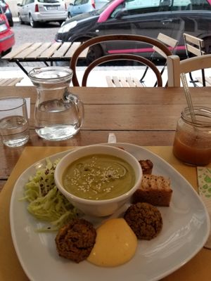 A great light lunch with soup, falafel, and kraut. at Dulcamara Bio Vegan Bistrot in Verona