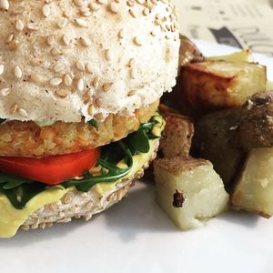 millet and lentil burger at Dulcamara Bio Vegan Bistrot in Verona