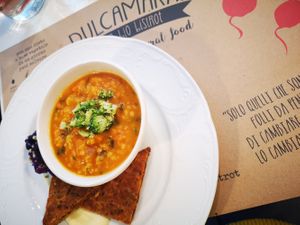 Soup and focaccia at Dulcamara Bio Vegan Bistrot in Verona