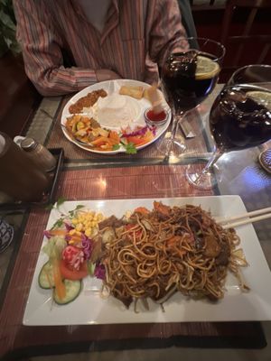 Vegan noodles with “beef”. “Chicken” with peanut sauce, curry with “beef”, spring, rice & sweet chili sauce.  at Usagi in Gothenburg