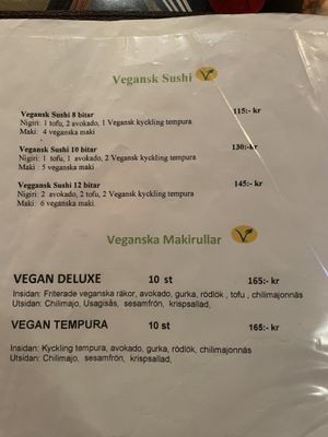 Vegan sushi menu  at Usagi in Gothenburg