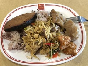 Plate of Jay food. The mock meat was tasty. at Central Festival Food Court in Phuket