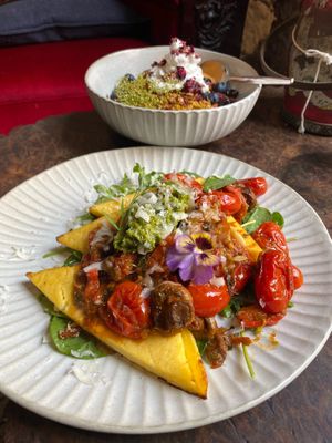 Polenta, Mushroom and cherry tomato + Vegan cheese special of the day + Vegan Bircher was amazing! at Moore & Moore Cafe in Fremantle
