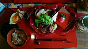 Close up of the main dish of the lunch set, with carrot sauce (upperleft), brown rice and tea. at Ajyari in Osaka