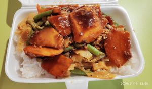 Curry vegetables, french bean with tofu, rojak and rice - only $2.80 at 3 Dishes Rice 三样菜饭 - Bugis in Central Singapore