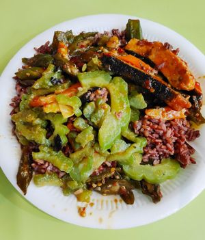 Brown rice with bittergourd, ladies finger and sweet & sour fish at 3 Dishes Rice 三样菜饭 - Bugis in Central Singapore