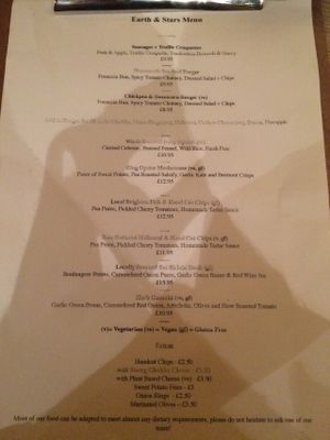 Food menu on 28-Mar-16.  'Ve' means the dish is vegan. at Earth and Stars in Brighton
