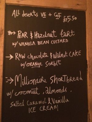 Dessert menu, all vegan!  The millionaire shortbread was delicious :-) at Earth and Stars in Brighton