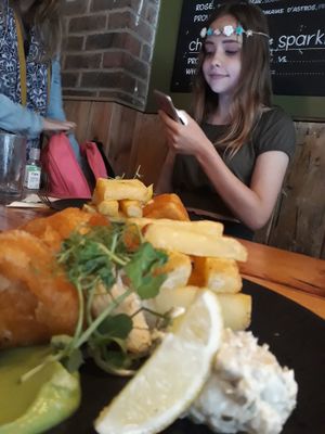 Smoked beer battered tofu and chips. at Earth and Stars in Brighton