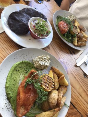 Tofish and chips. & smoked aubergine dip  at Earth and Stars in Brighton
