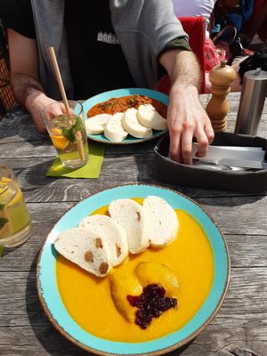 Czech dumplings, soy meat, and vegetable sauces at Vegan's Prague in Prague