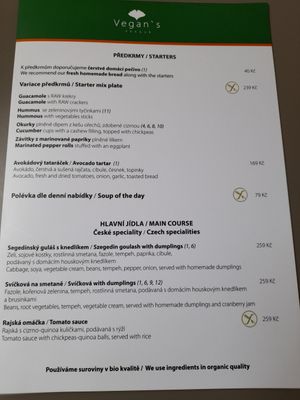 Menu at Vegan's Prague in Prague