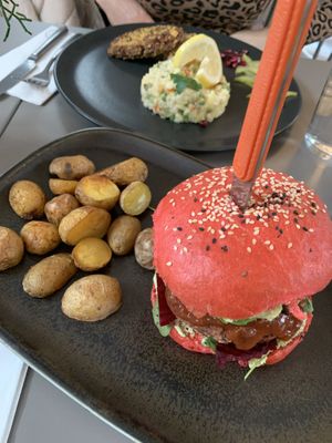 Potato salad with bean patties and Bad Santa burger  #Veganuary at Vegan's Prague in Prague